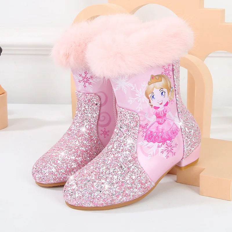 girls High Heel Boots 2024 Winter New Children\'s Short Boots Little Kids Plush Warm Snow Boots Elsa Princess Cotton Boots