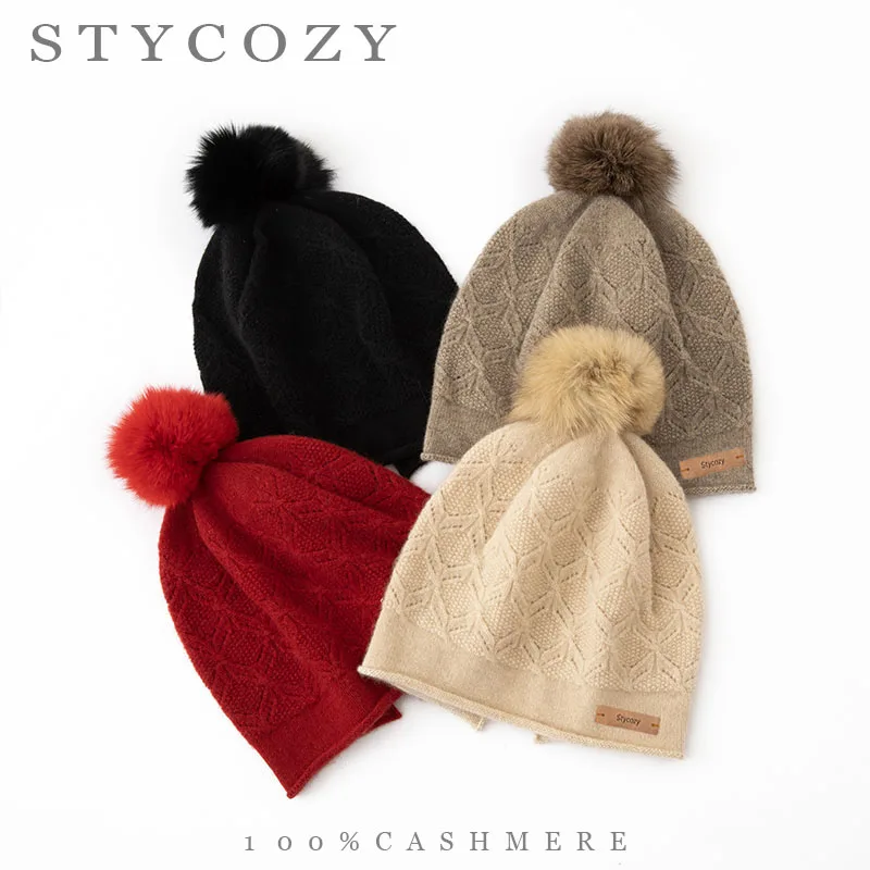 100%Cashmere Knit Winter Hat Women Rhombus Pattern Cable Solid Color Beanie Outdoor Warm Pom Poms Bonnet Rear Opening Skull Cap