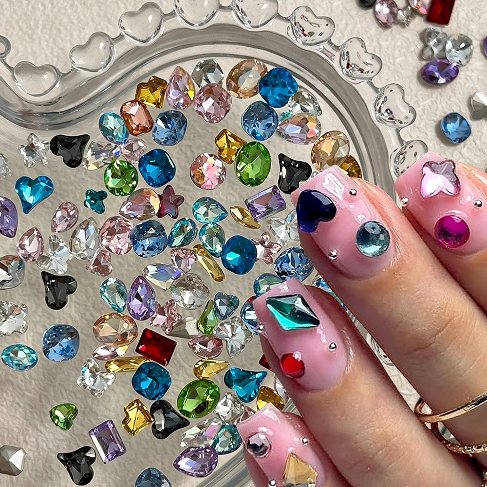 50pcs Mixed Colorful Nail Rhinestones Pointed Bottom Heart Water Droplet 3D Nail Gem Stones Sparkling Micro Zirconium Nail Charm