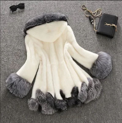 Autumn Winter Women's White Imitation Rabbit Fur Long Sleeve Loose Jacket Coat