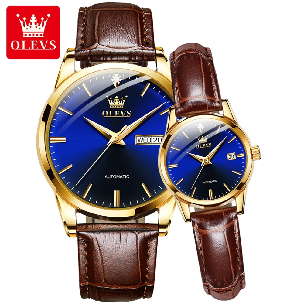 OLEVS Couple Watches Minimalist Casual Original Automatic Mechanical Wristwatch for Lover Waterproof Luminous Date Week Fashion