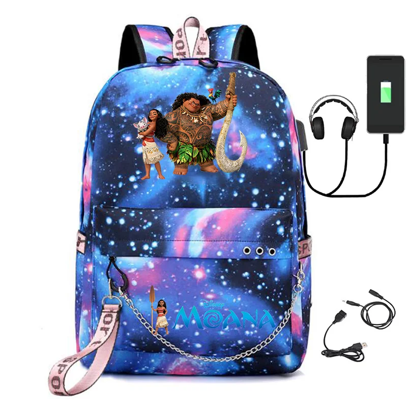 Princess Moana new boys and girls starry sky solid color backpack USB Laptop Teens School Bags
