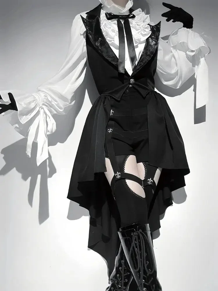 النساء 3 قطعة مجموعات السراويل وتتسابق الوقوف الرقبة البلوزات البيضاء الدانتيل المرقعة السراويل القوطي غير النظامية سترة بدلة معطف شيك اليابانية مجموعة