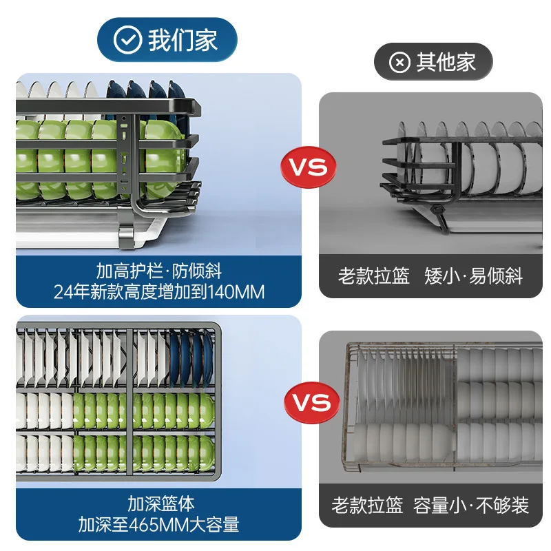 304 stainless steel double drawer cupboard storage dish rack bowl basket