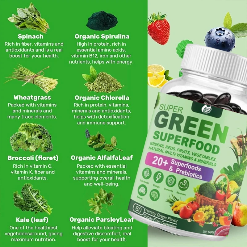 60 Capsules Digestive Intestinal Health Supplement with Spirulina Microalgae Prebiotic Fiber Fruits Vegetables