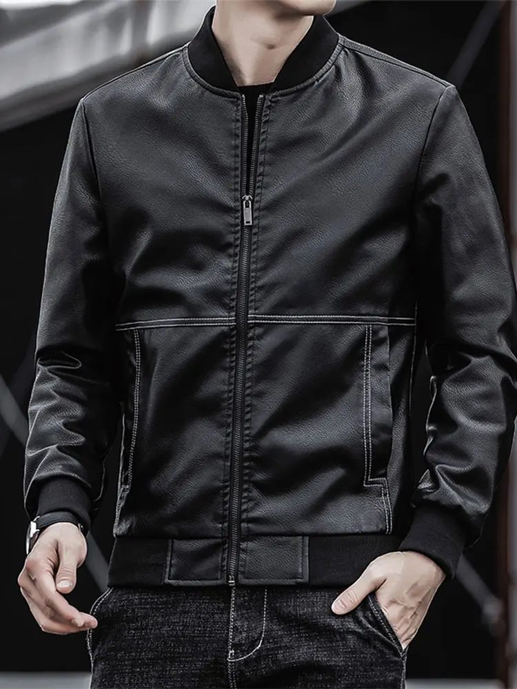 

Spring New Sle Baseball Collar PU Leather Jaet Men's Busin Casual Trendy Motorcycle Outerwear Faionable Streetwear