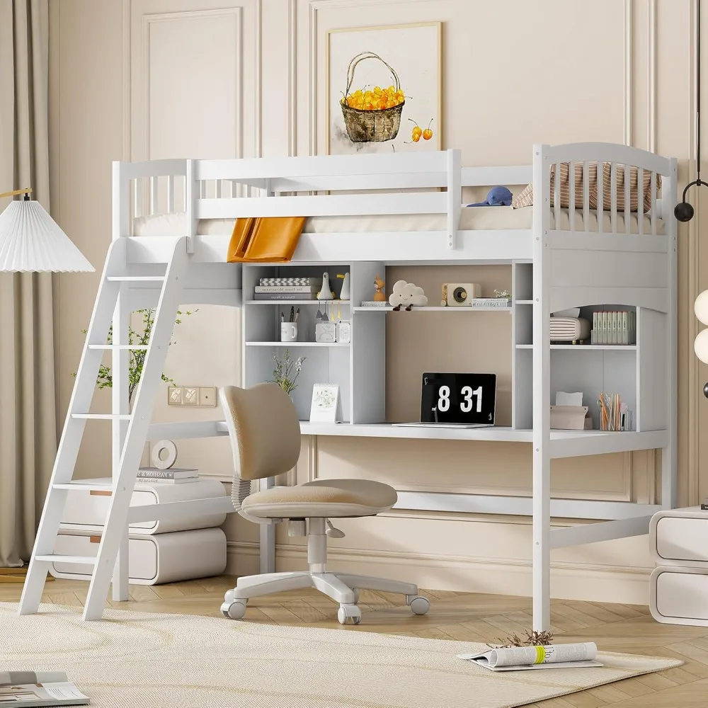 

Loft Bed Twin Size, with Desk, Solid Wood Size Frame Shelves, White