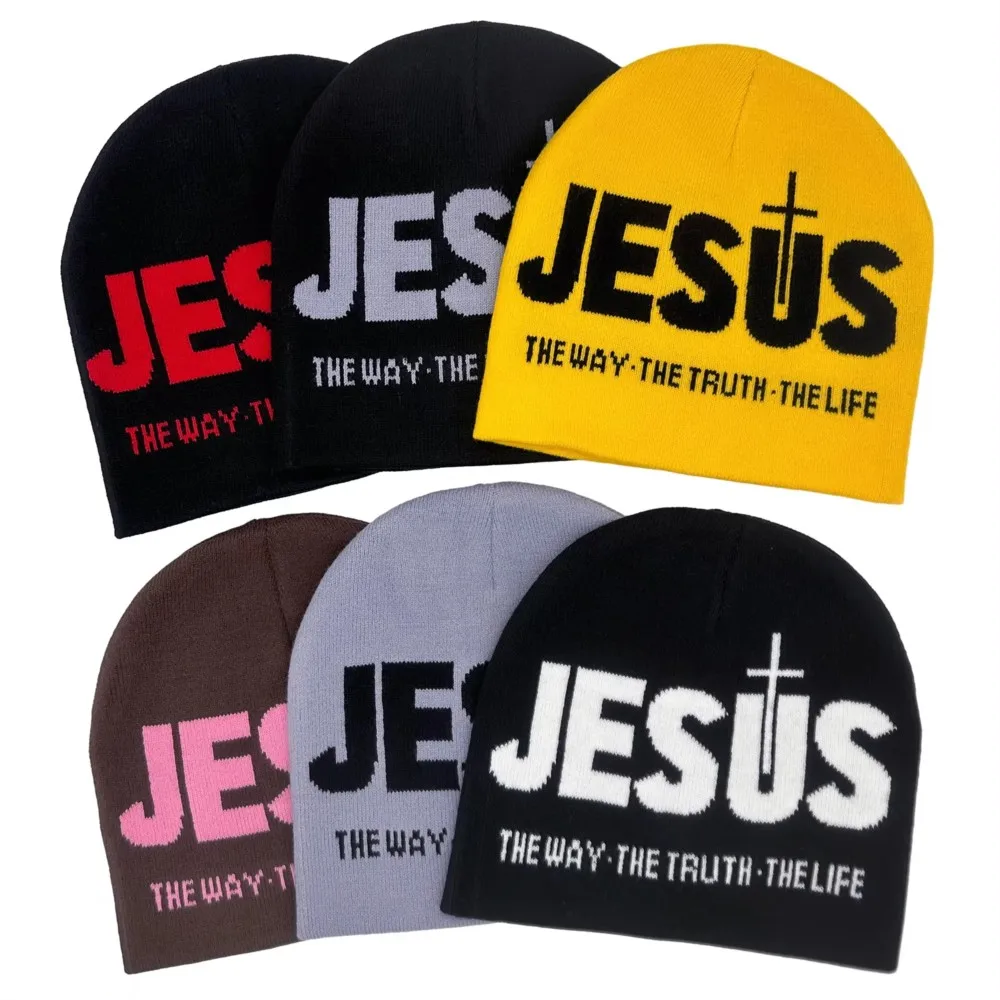 Y2k Women Jacquard Alphabet JESUS Knit Beanies Hat Men Letter Winter Fashion Kpop Goth Warm Hip Hop Thermal Unisex Pullover Hat