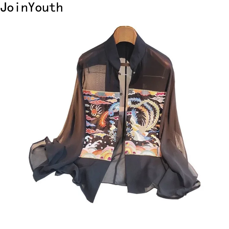 Black Blouses Women See Throught Sexy Shirts Heavy Embroidery Floral Thin Blousevintage Temperament Tops Blusas De Mujer 2023