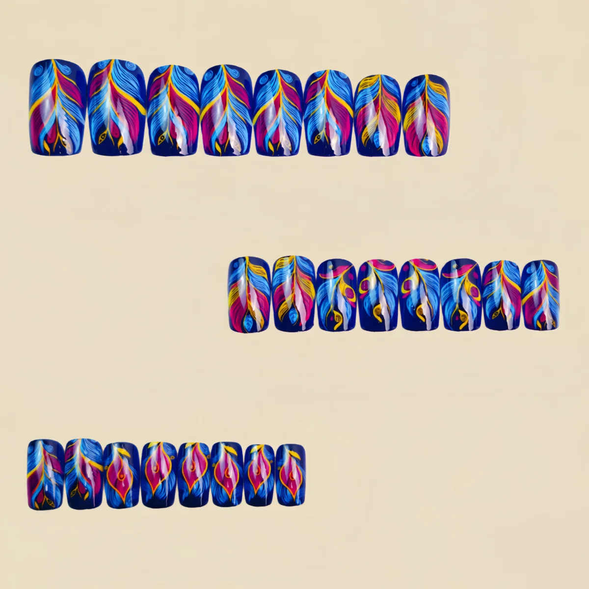 Faux ongles moyens pour femmes et filles, colorés, violet, jaune, rouge, marron, plume, design feuille, mat ou brillant, pointes carrées à pression