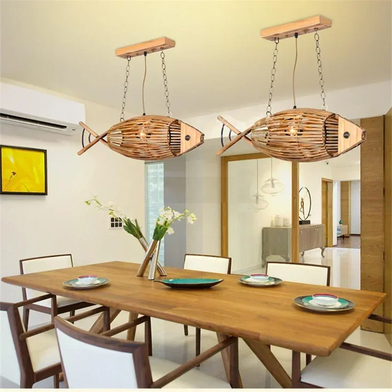 Japanese Style Fish Bamboo Pendant Lights Southeast Asian Garden Bedroom Led Creative Mermaid Personality Pendant Lamps