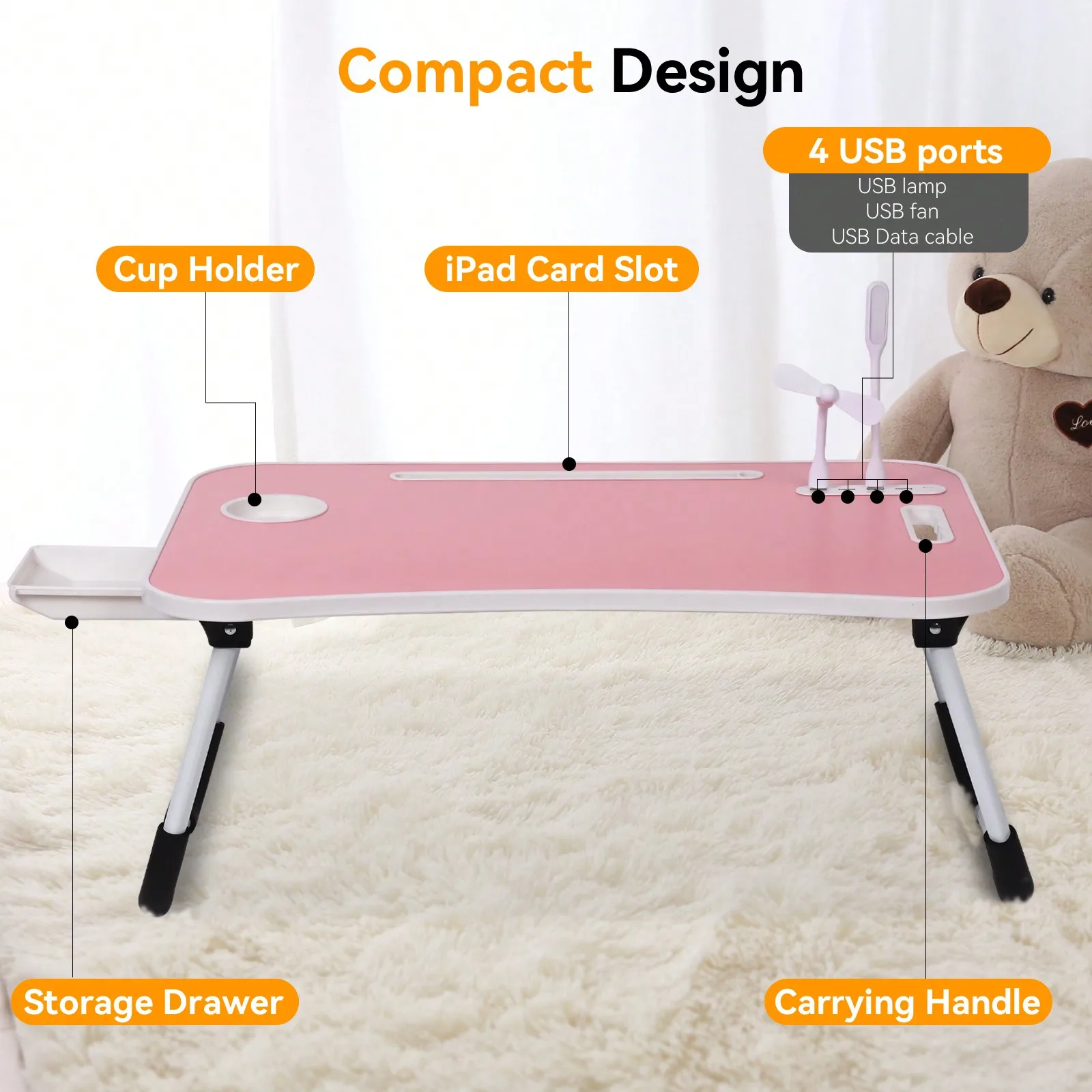 Laptop Bed Desk, Portable Foldable Laptop Table With USB Charging Port, Cup Holder & Storage Drawer, Lap Desk Tray For Bed, Sofa & Floor, Writing, Reading, Or Eating