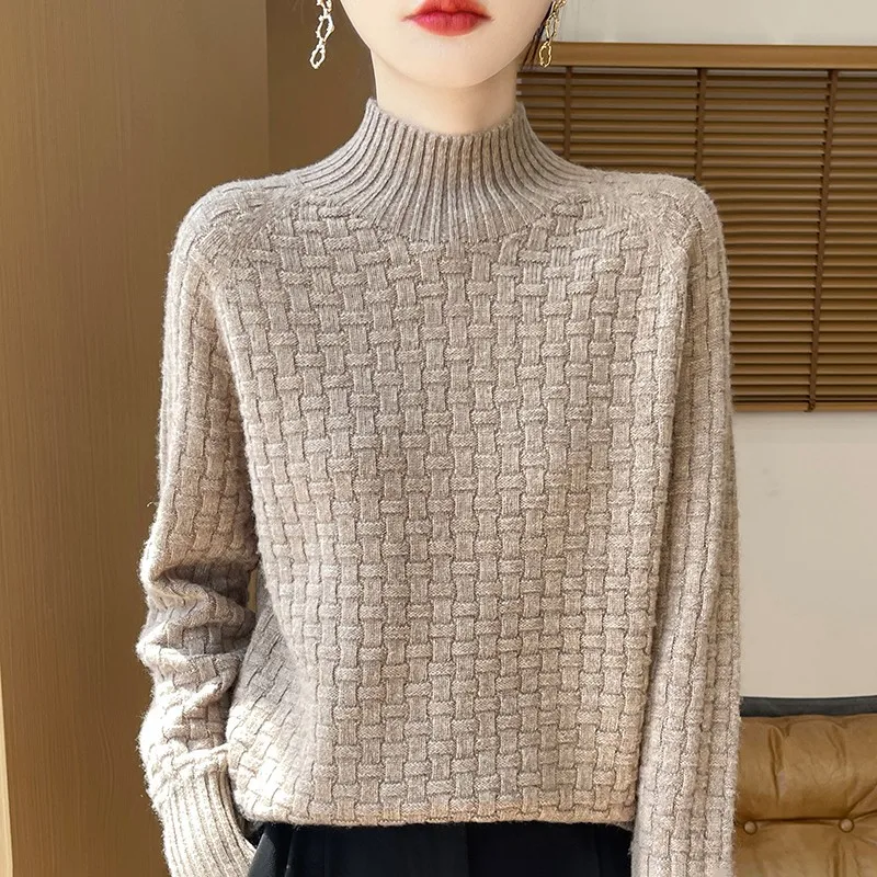 

100% Pure Woolen Sweater Women's Half Turtleneck Autumn and Winter Small Checkered Cashmere Sweater With Loose Knit Base Top