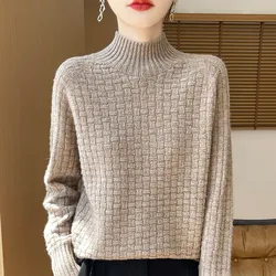 Pull à col roulé en laine pure pour femme, petit pull en cachemire à carreaux, haut de base en tricot adt, automne et hiver, 100%