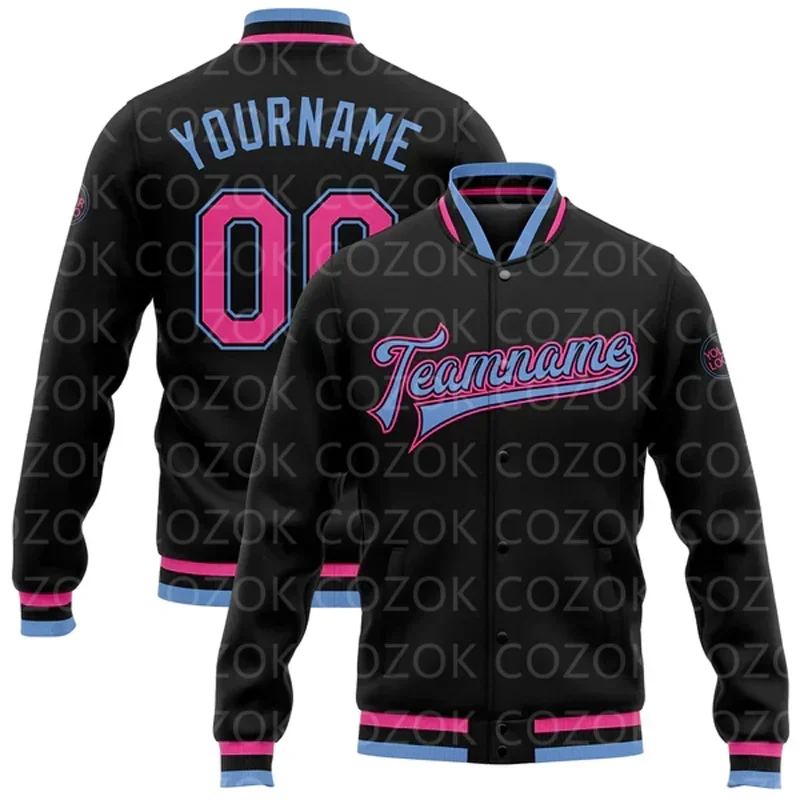 

Custom Black Pink 3D Printed Baseball Button Jacket Bomber Full-Snap Varsity Letterman Jacket