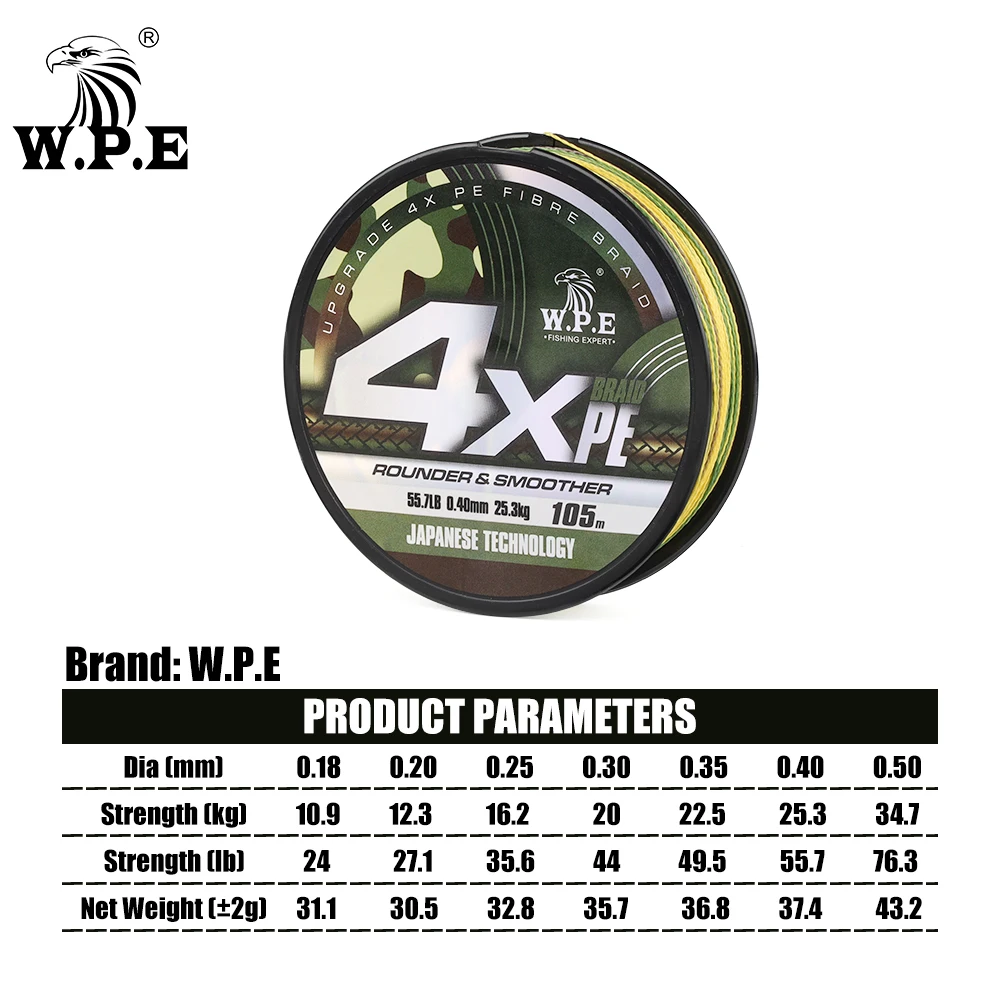 W.P.E 4X 105m PE Fishing Line 4 Strands Bradied Fishing Line 0.18mm-0.50mm 10.9kg-34.7kg Main Line Bass Lure Carp Fishing Line