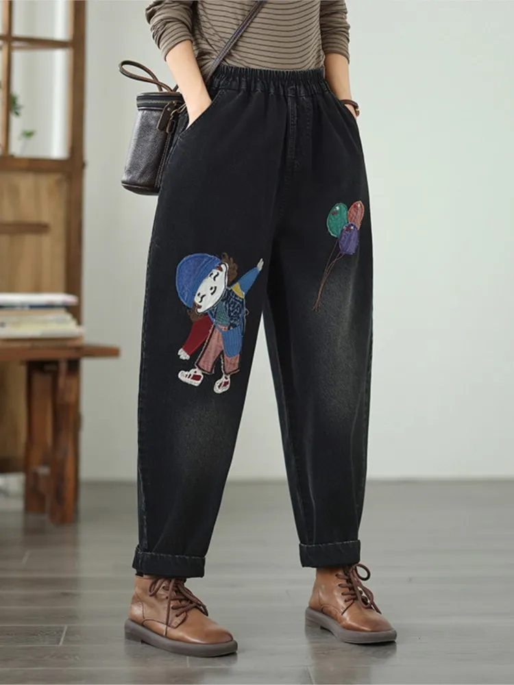 Oversized Jeans Retro Autumn Pant Women Cartoon Embroidery Fashion Ladies Harem Trousers Loose Casual Woman Harem Pants