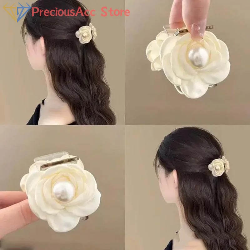 مشبك شعر على شكل زهرة الورد الأبيض للنساء والفتيات، حلية شعر حلوة أنيقة، رأس خلفي، مشبك شعر على شكل زهور، دبوس شعر أنيق، إكسسوارات للشعر
