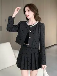 Vintage French Tweed Two Piece Set For Women Round Collar Ruffles Short Jacket Coat + Pleated Skirt 2 Piece Sets Lady Outfit