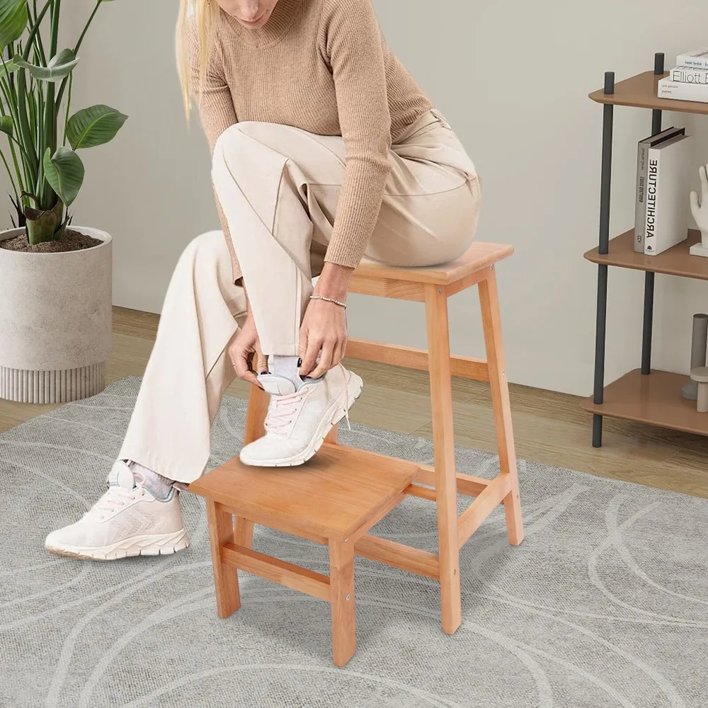 

2-Tier Folding Step Stool, Multi-Purpose Foldable Wood Step Ladder, Step Stool