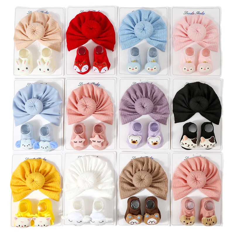 3pcs Baby Accessories for Newborn Infant Girls Boys Cap Socks Set Cute Turban Donut Newborn Hat + Short Tube Sock Elastic Caps