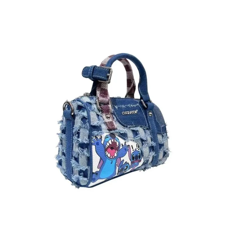 Stitch women\'s new fashion versatile personality creative cartoon pattern large capacity storage denim hole stitching handbag