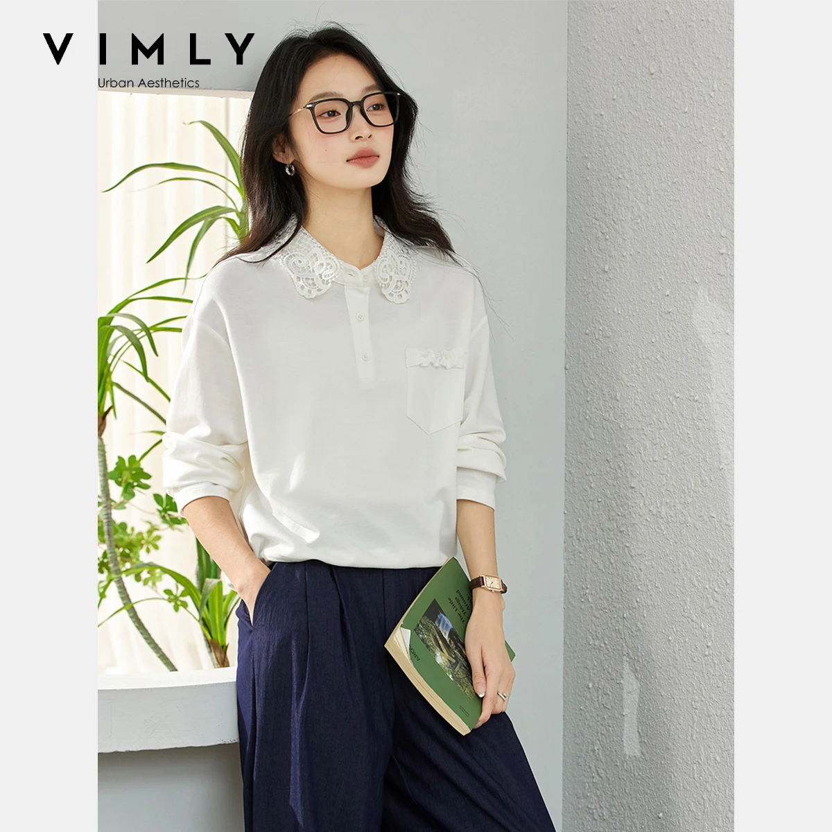 

VIMLY Autumn White Blouses 2025 French Woman Hook Flower Hollow Polo Collar Shirring Hem Button Loose Shirts Women's Tops A1959
