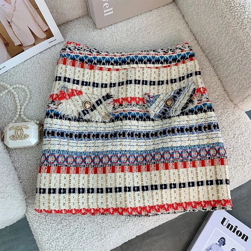 Ensemble 2 pièces en tweed à rayures pour femmes, haut court en émail, jupe trapèze, tenues vintage, élégant, sexy, été, 2023