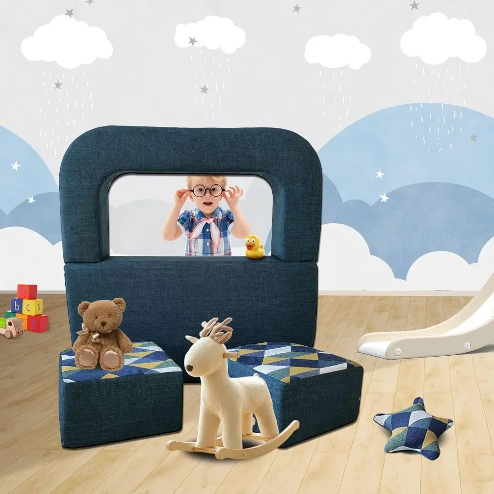 Couch Convertible Toddler Sofa 4pcs With Memory Foam Fold Out Kids Sofa Bed Children's Sofas Dark Blue Mini Furniture