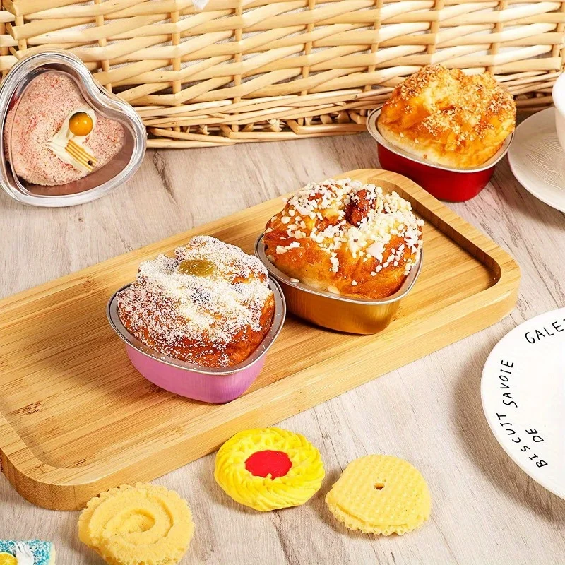 20pcs/set Heart-Shaped Aluminum Foil Cake Cups with Lids - Perfect for Baking, Weddings, and Mother's Day Gifts
