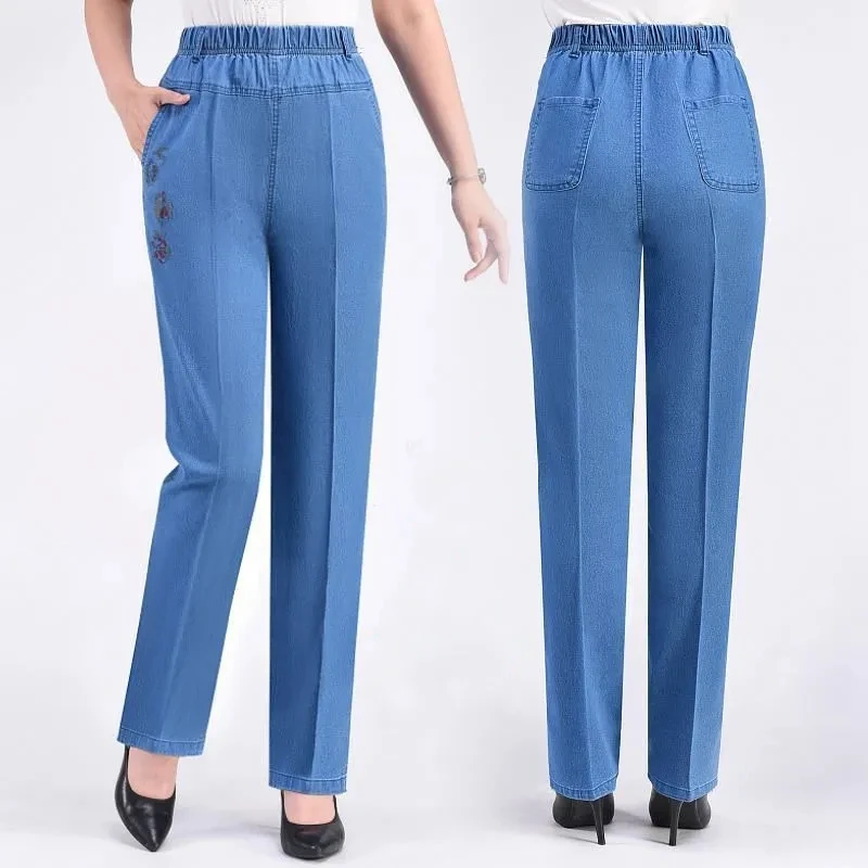 Middle-aged Women's Jeans Spring Autumn Stretch Waist Straight Denim Pants Large Size Loose High Waist Casual Jeans Trousers 5XL