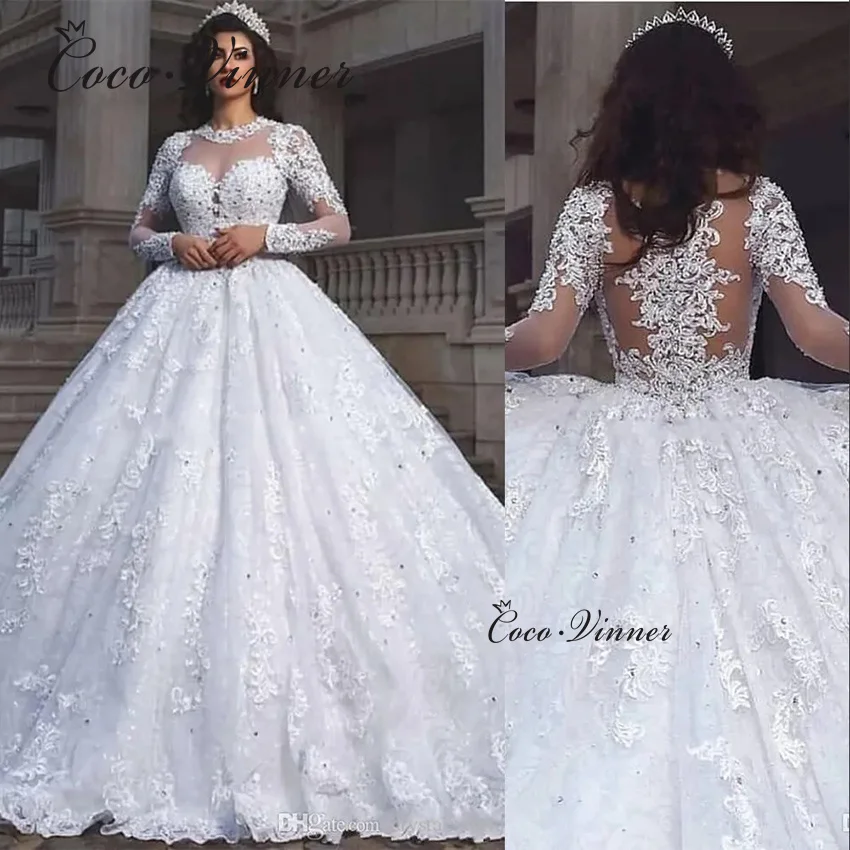 ที่กําหนดเองอาหรับคุณภาพชุดแต่งงาน 2025 แขนยาว O คอไข่มุกและคริสตัลลูกปัดลูกไม้ Appliques ชุดแต่งงาน W1359