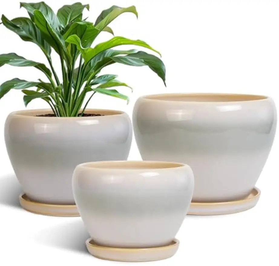 Ceramic Flower Pots, 10+8+6 Inch Ceramic Planters, White-Grey | Modren Round Plant Pot Indoor with Drainage Holes and Plant Saucers, Home Decor, Gifts for Plants Lovers, Set of 3