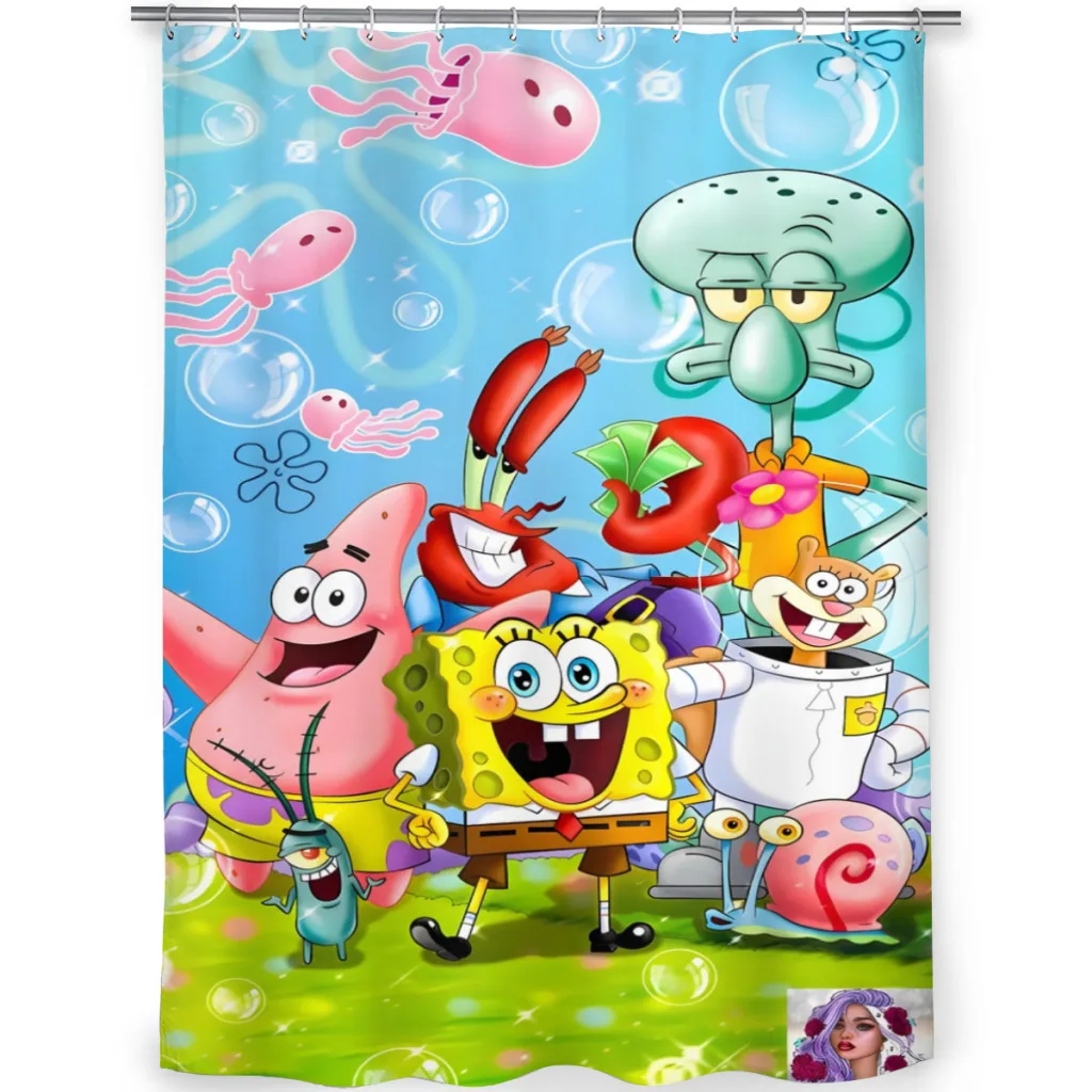 Cute-Sponge-bob-Cartoon Shower Curtain for Bathroom  Aesthetic Room Decoration