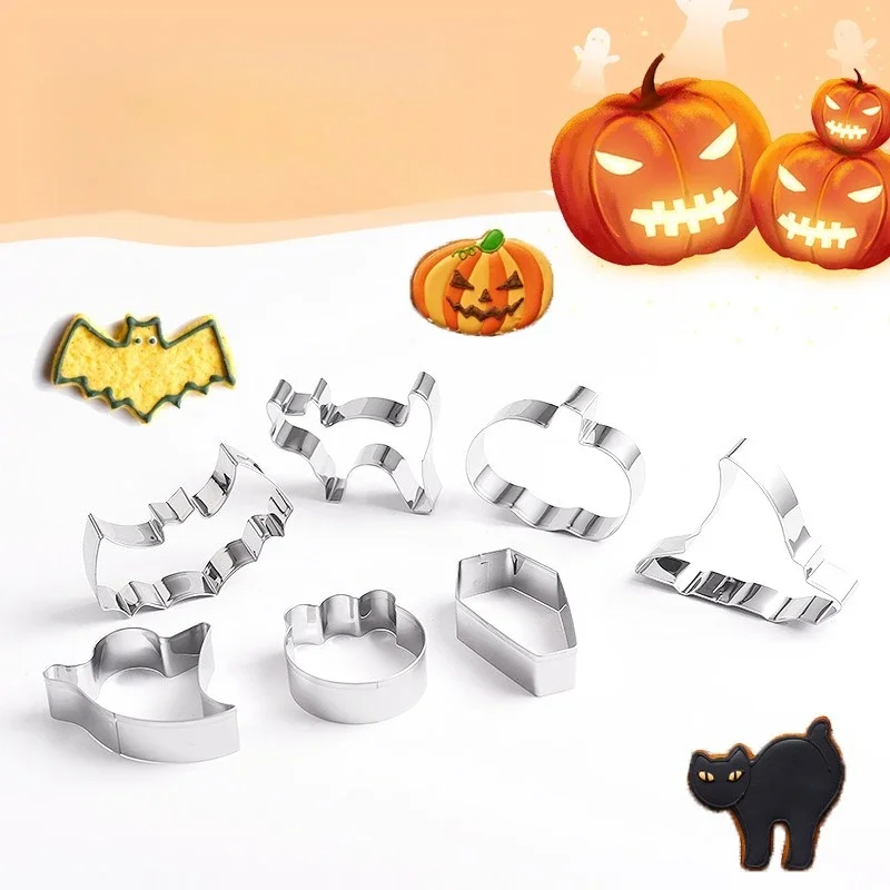 Stainless Steel Halloween Cookie Molds Pumpkin Bat Ghost Coffin Wizard Hat Black Cat Shapes Creative DIY Baking Supplies