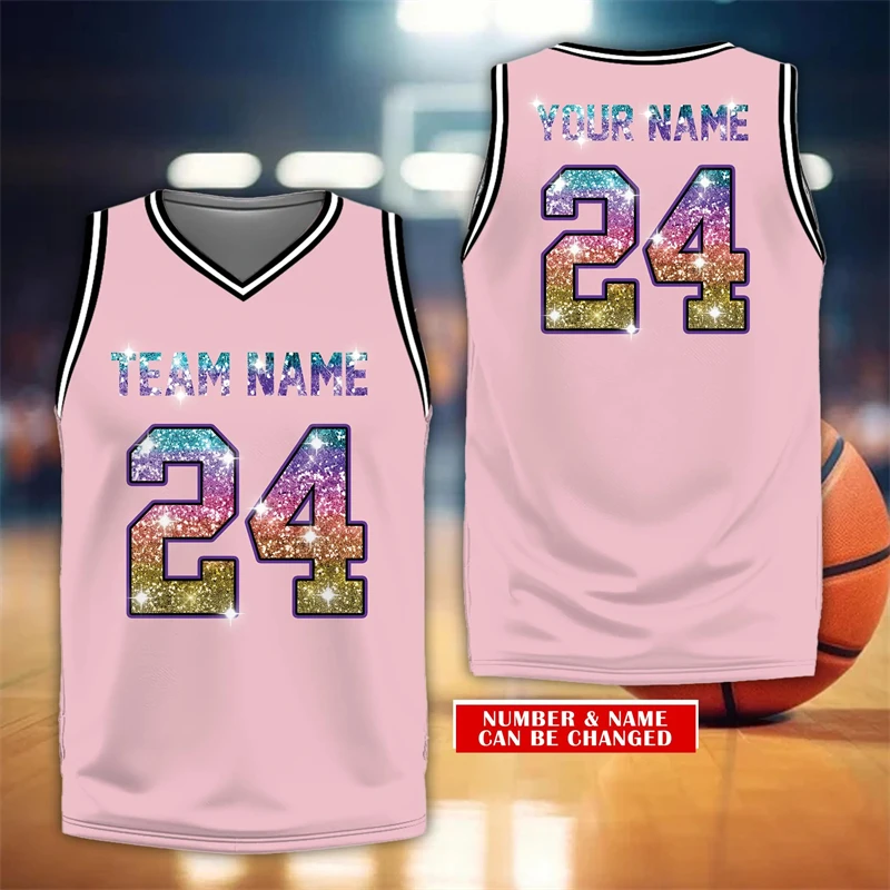 Fashion Custom Name Team Name Number Basketball Jersey Summer Trendy V Neck 3D Printed Basketball Tank Tops Loose Casual Tees