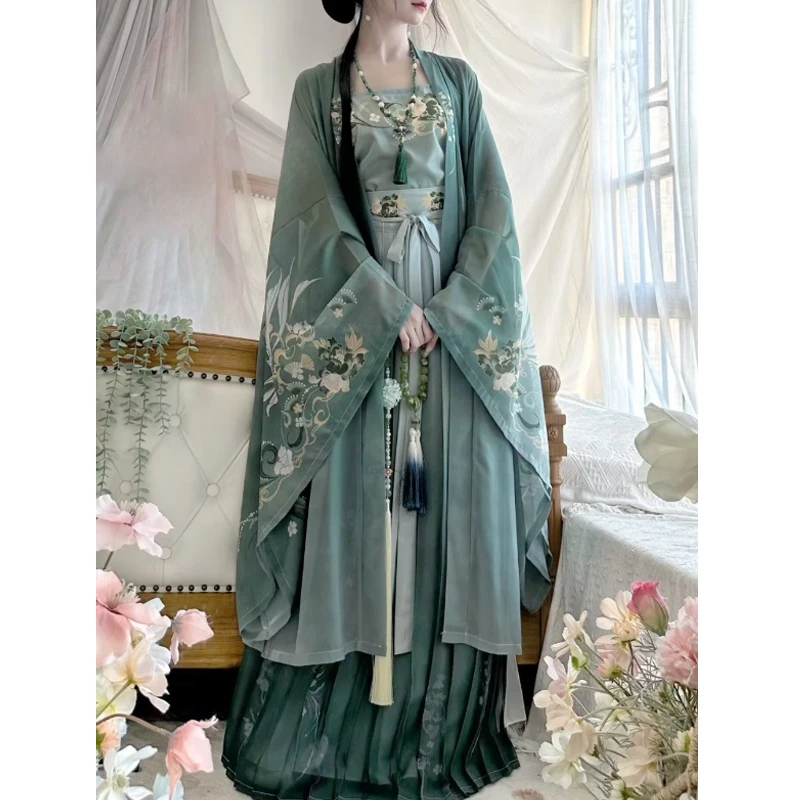 Hanfu Dress Song Dynasty Cape Tops Skirt Women Chinese Classical Vintage Female Halloween Cosplay Costume Printed Green 3pcs Set