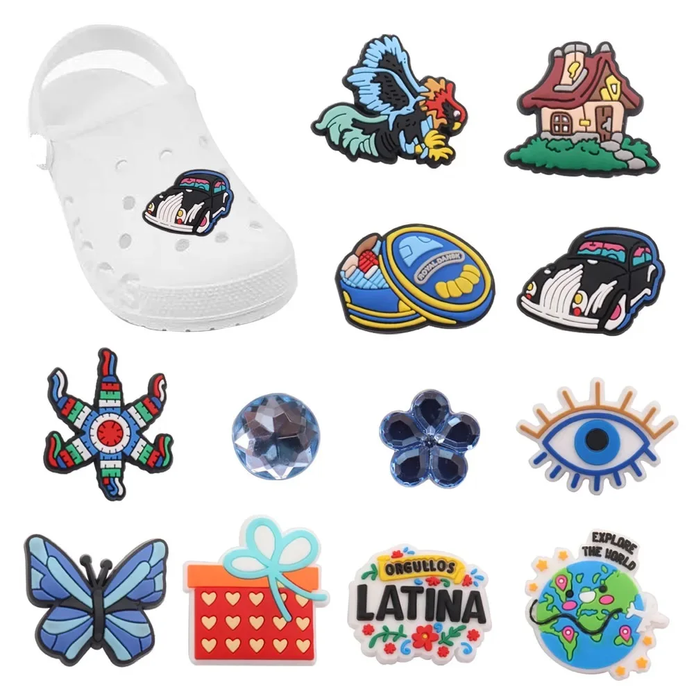 

Mix 50PCS PVC Shoe Charms Gift Car Kite Earth Rooster Eyes Butterfly House Hole Slipper Decoration Sandals Shoes Accessories