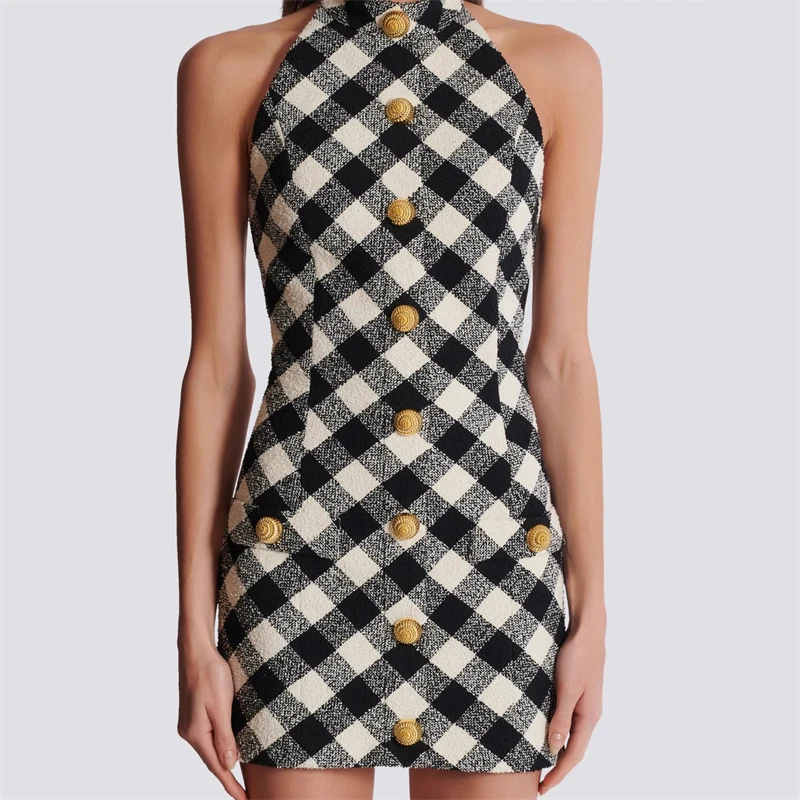 

2025 spring/summerNew women's neck plaid knitted sleeveless dress y2k high quality fashionCasual elastic slim sexy hip wrapSkirt