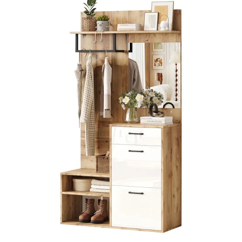 7 in 1 foyer coat rack with mirror shoe stool drawer multifunctional hanger shoe rack white corridor storage cabinet