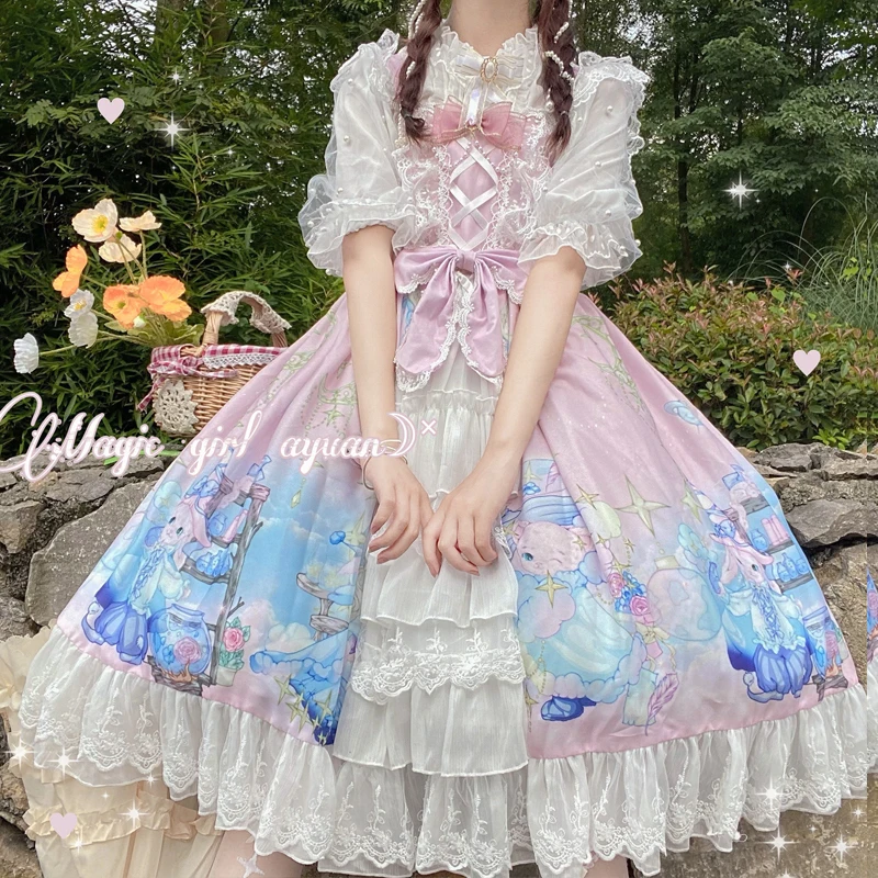 Lolita Style Jsk Dress Women Japan Dream Cosplay Lace Elegant Party Straps Dress Girly Retro Victoria Cartoon Sleeveless Dresses