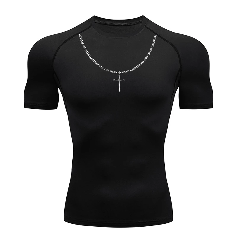 Cross Necklace Print Compression Shirt for Men Christian Athletic Tshirt Tees Tops Gym Workout Running Baselayers Undershirts