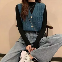 New Style Korean Women's Sweater Vests Slim Fit School Girl All-match Sweater High Street V-neck Knited Coat Fashion Trend Tops