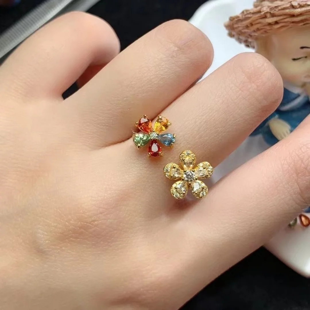 

S925 Sterling Silver Women's Ring | Natural Colored Sapphire Flower-Shaped Open-Top Design | Exquisitely Set Premium Gemstones