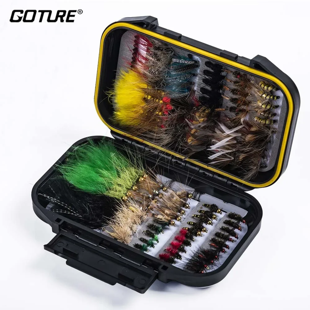 

Goture Fly Fishing Flies Assortment Kit Dry Wet Nyphms Tenkara Popper Streamer Woolly Bugger for Trout Bass Steelhead with Box