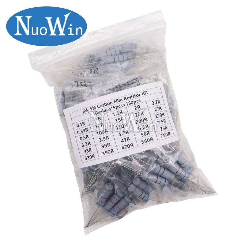 150PCS/300PCS 1W 2W 3W 5W 30Values Carbon Film Resistor Assortment Kit 5% Resistance Set 0.1R-750R 1K-820K ohms DIY Pack