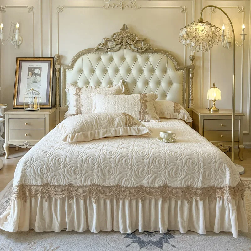 3/Pcs Luxury Velvet Fleece Lace Ruffles Quilted Bedspread, Mattress Cover, Bed Skirt, Bed Sheet Set, With Pillowcases
