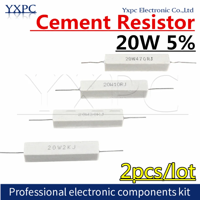 2pcs 20W 5% Cement Resistor Power Resistance 0.1 ~ 10K 0.1R 0.5R 10R 50R 0.22 0.33 0.5 1 2 5 8 10 20 30 50 100 1K 3.3K 4.7K ohm