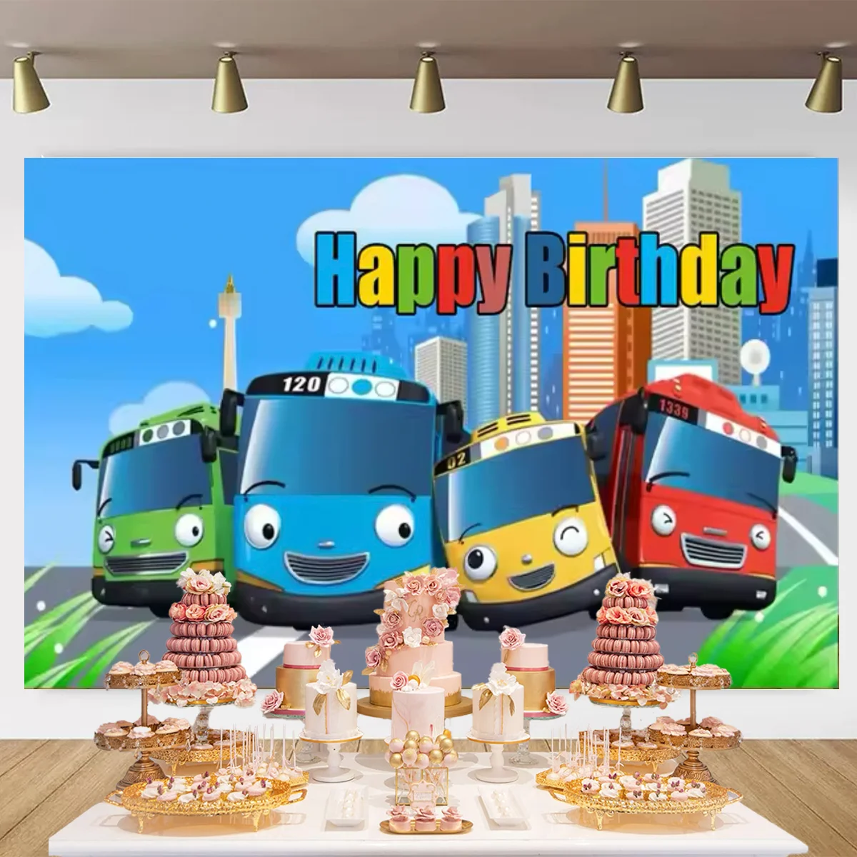 Umi Bus The Tayoes Little Bus Theme Kid Birthday Party Boys Newborn Kid 1 year old Background Toy Bus Station Banner Photo Props