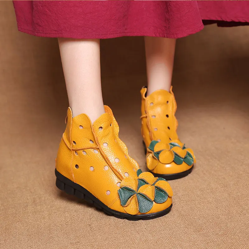 

Ethnic inspired ankle boots women's luxury handmade genuine leather shoes waterproof woman old fashion west boots hollow booties